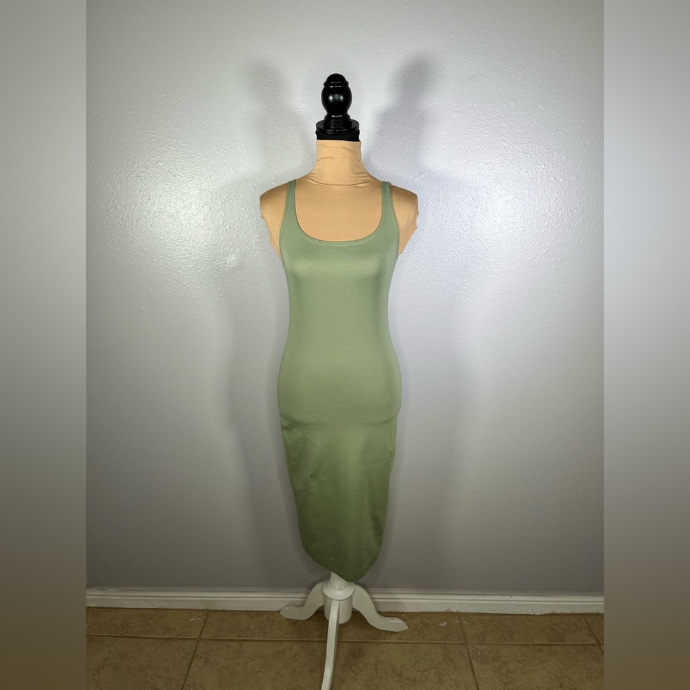Zara sagegreen stretch knit bodycon tank midi dress M casual minimalist vacation - Picture 2 of 12